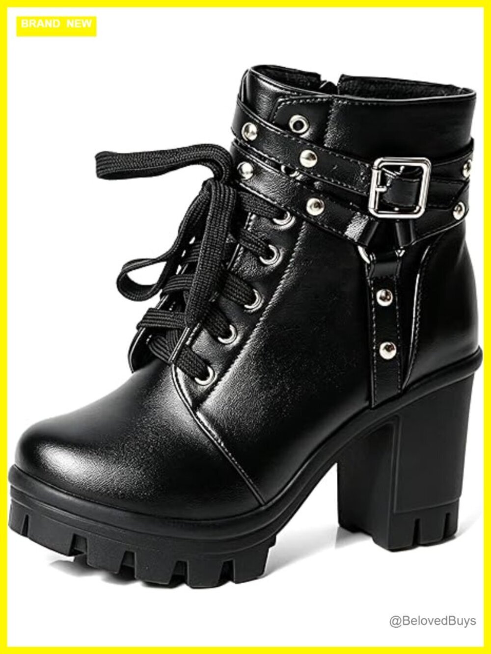Platform Combat Boots Chunky Heel Ankle Booties with Zipper Lace Up Round Toe